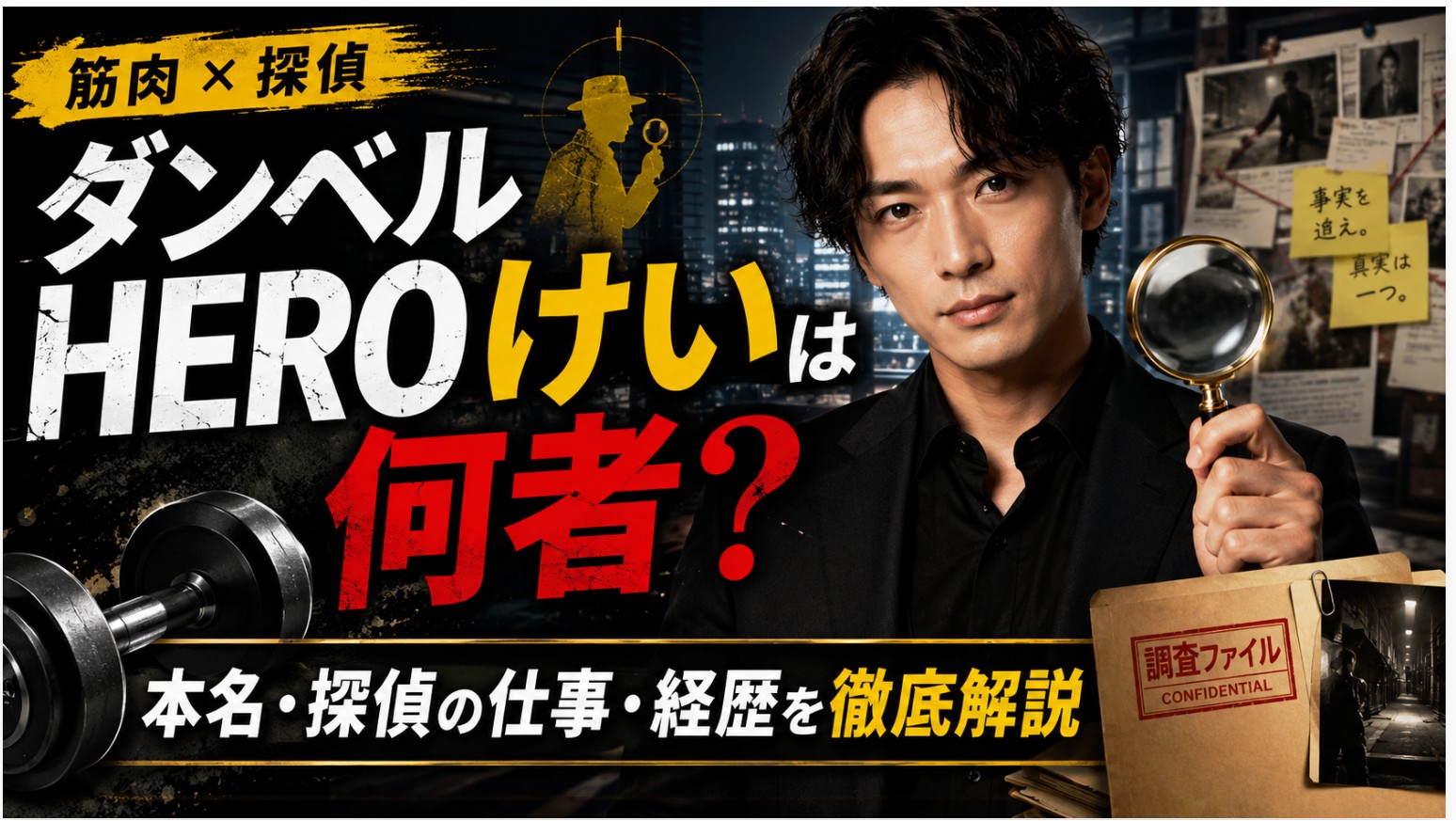 ダンベルHEROのけいをイメージした男性が虫眼鏡を持ち、ダンベルや調査ファイルとともに「本名・探偵の仕事・経歴を徹底解説」と紹介する画像。