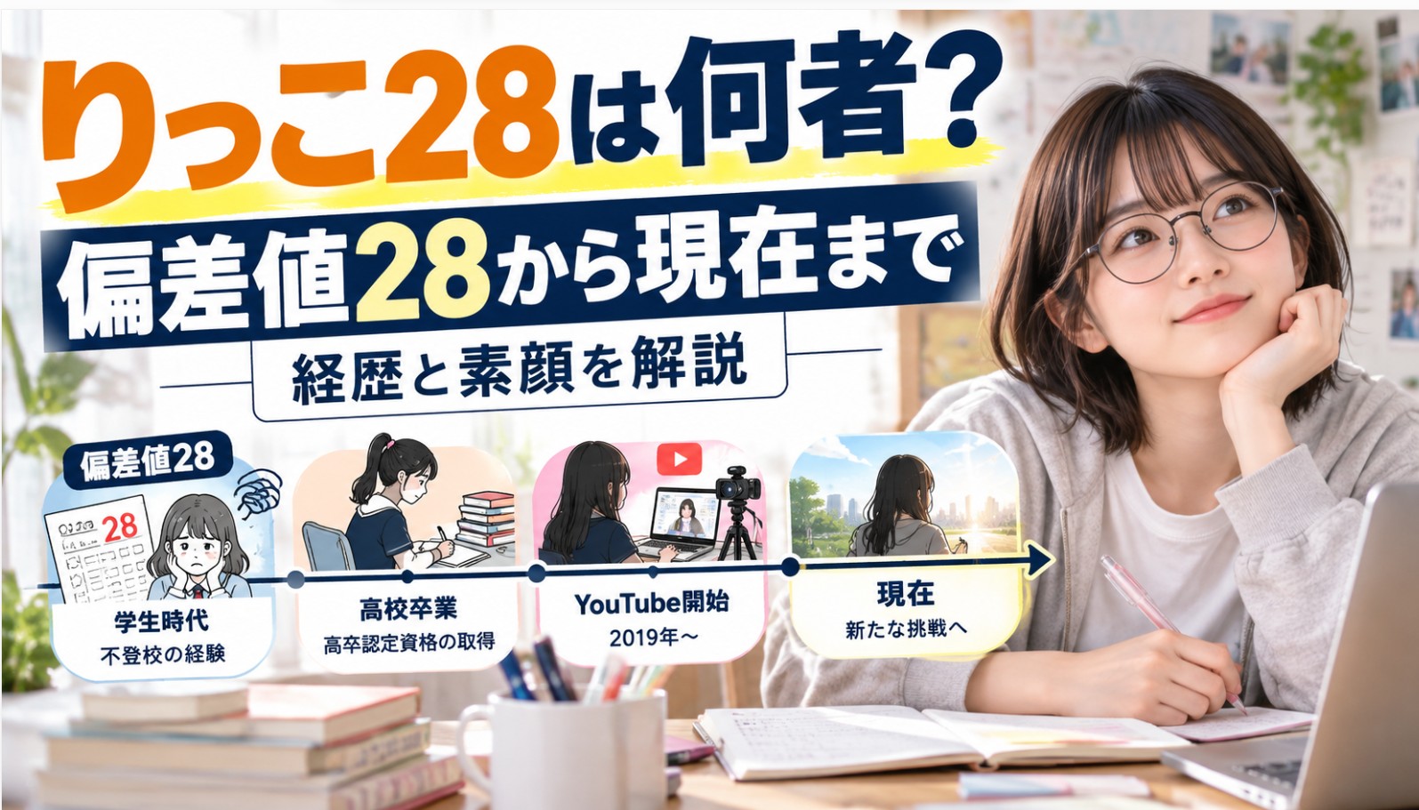 りっこ28の経歴を紹介するアイキャッチ画像。偏差値28の学生時代から高校卒業、2019年のYouTube開始、現在までの歩みをタイムライン形式で表現。