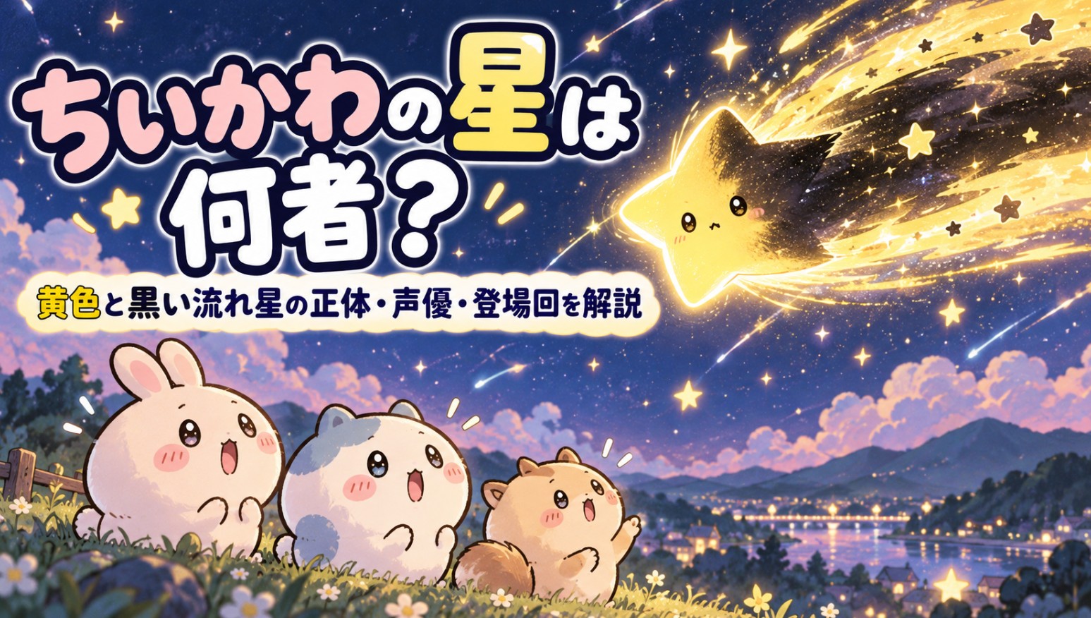 ちいかわの星は何者？黄色と黒の流れ星が夜空を飛び、驚いた表情の3匹のかわいい動物たちが見上げるイラスト。星の正体・声優・登場回を解説。