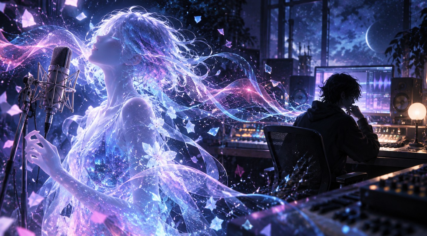 幻想的に輝くAIシンガーと、音楽スタジオで楽曲を制作する人物を描いたイメージ。AIの歌声とperomuの音楽制作を表現。